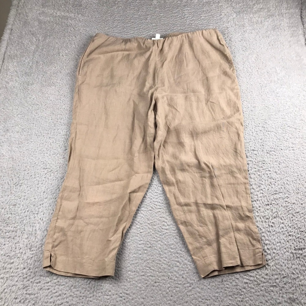 Pure J Jill Slim Crop Pants Women L (38x23) Tan 100% Linen Pull On Elastic Waist